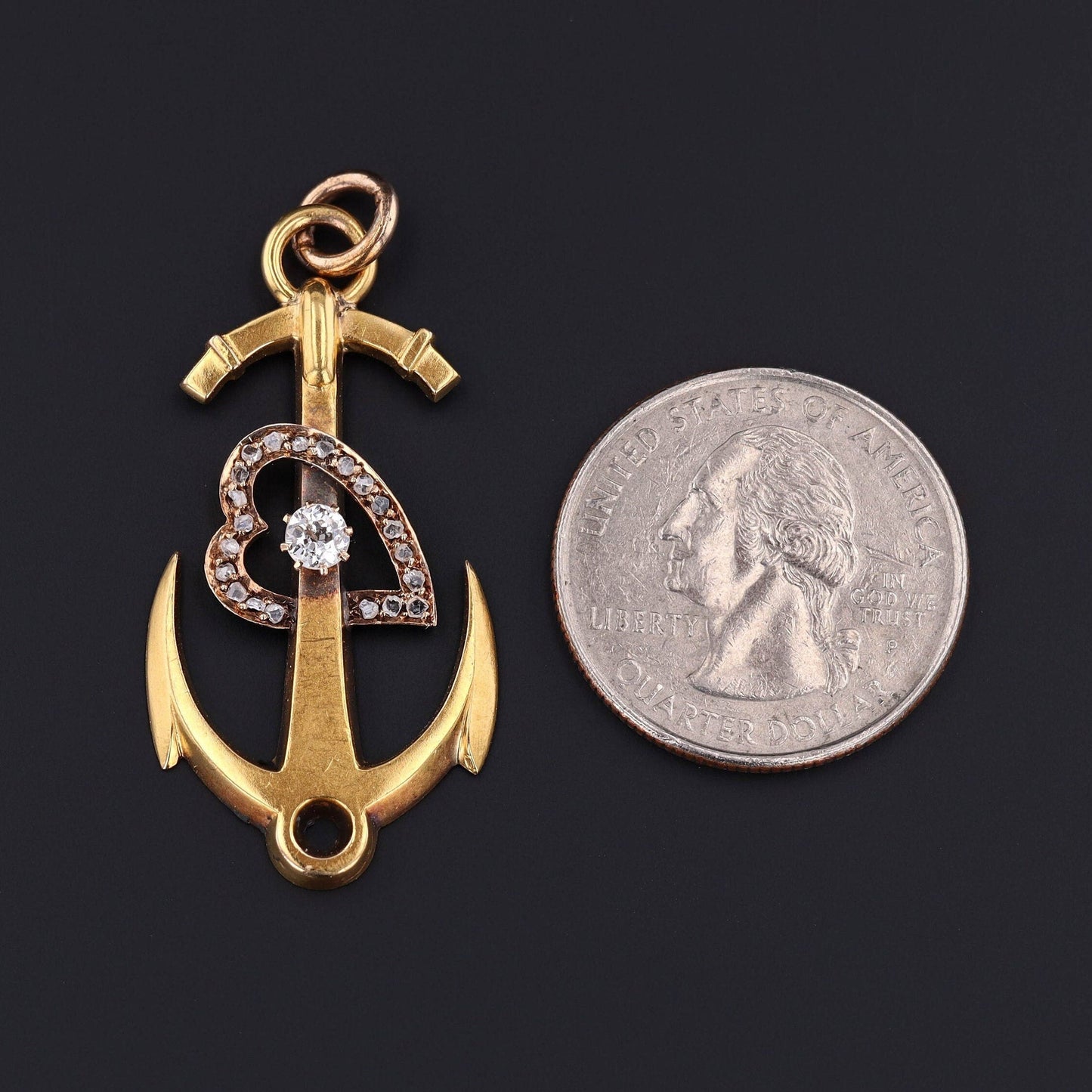 Antique Anchor with Diamond Heart Pendant of 18k Gold