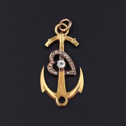 Antique Anchor with Diamond Heart Pendant of 18k Gold