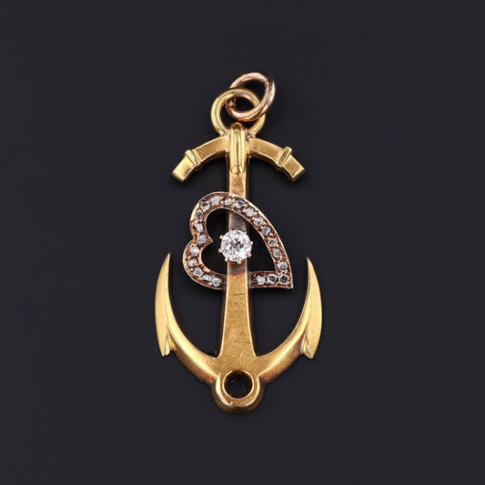 Antique Anchor with Diamond Heart Pendant of 18k Gold