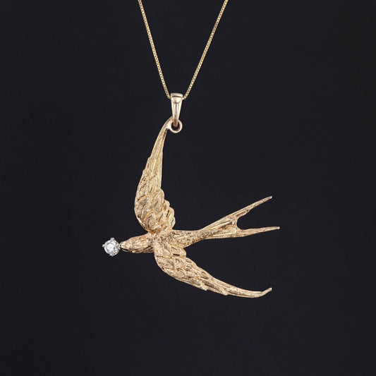 Antique 14k Gold and Diamond Swallow Bird Pendant on Optional 14k Gold Necklace