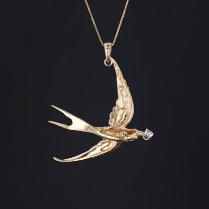 Antique 14k Gold and Diamond Swallow Bird Pendant on Optional 14k Gold Necklace