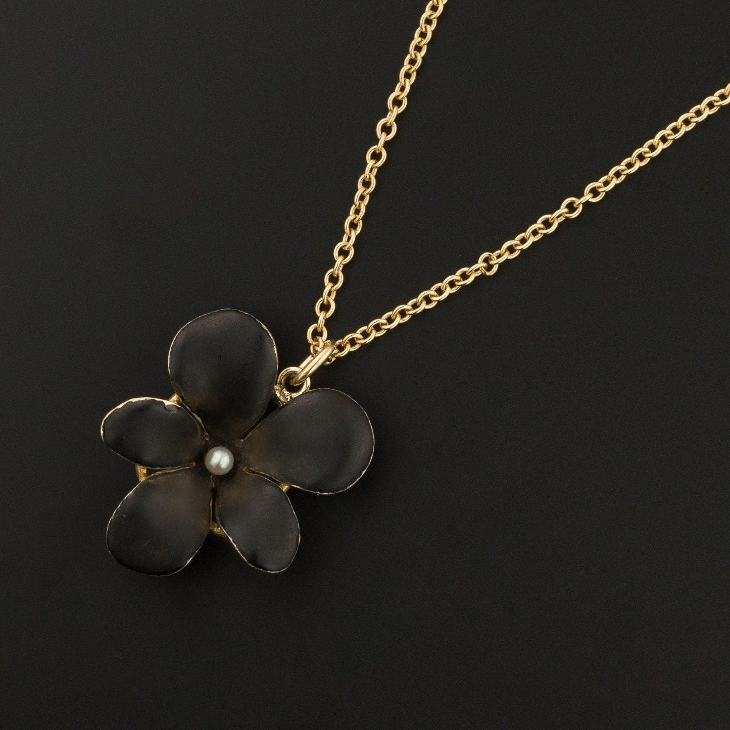 Antique Black Enamel Violet Pendant of 14k Gold