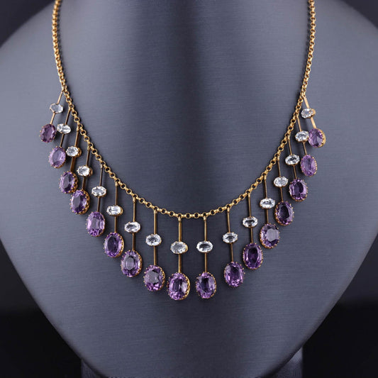 Antique Amethyst and Aquamarine Fringe Necklace of 14k Gold