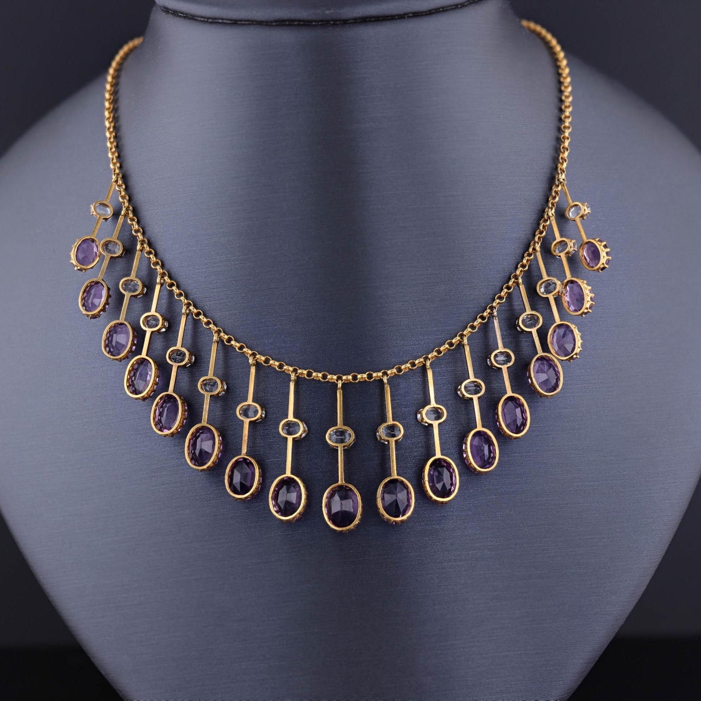 Antique Amethyst and Aquamarine Fringe Necklace of 14k Gold