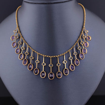 Antique Amethyst and Aquamarine Fringe Necklace of 14k Gold